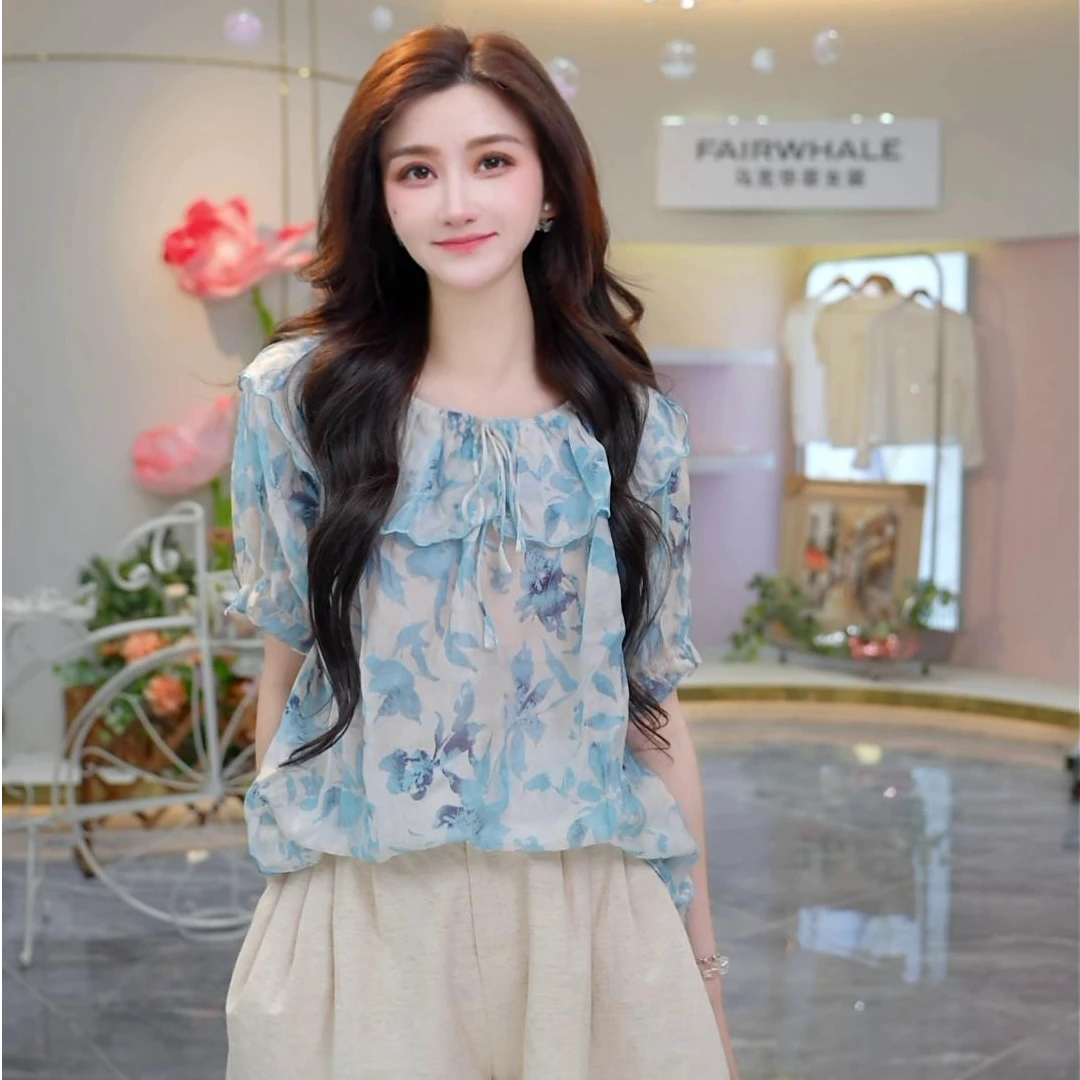 马克华菲衬衫女短袖2025夏季新款韩版时尚圆领印花百搭显瘦上衣