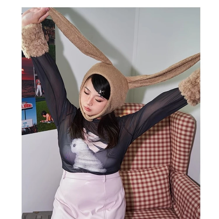 【自播】半月天使小兔印花正肩显瘦长袖弹力网纱小高领打底送袖套