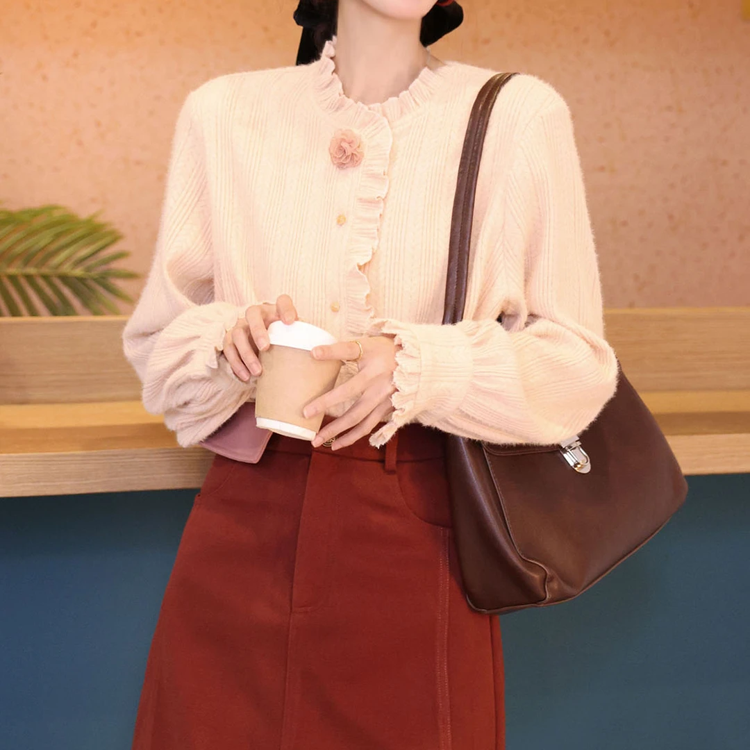 余紫绮【荔枝桃饮】新款加绒蕾丝开衫长袖百搭上衣ZE0706142