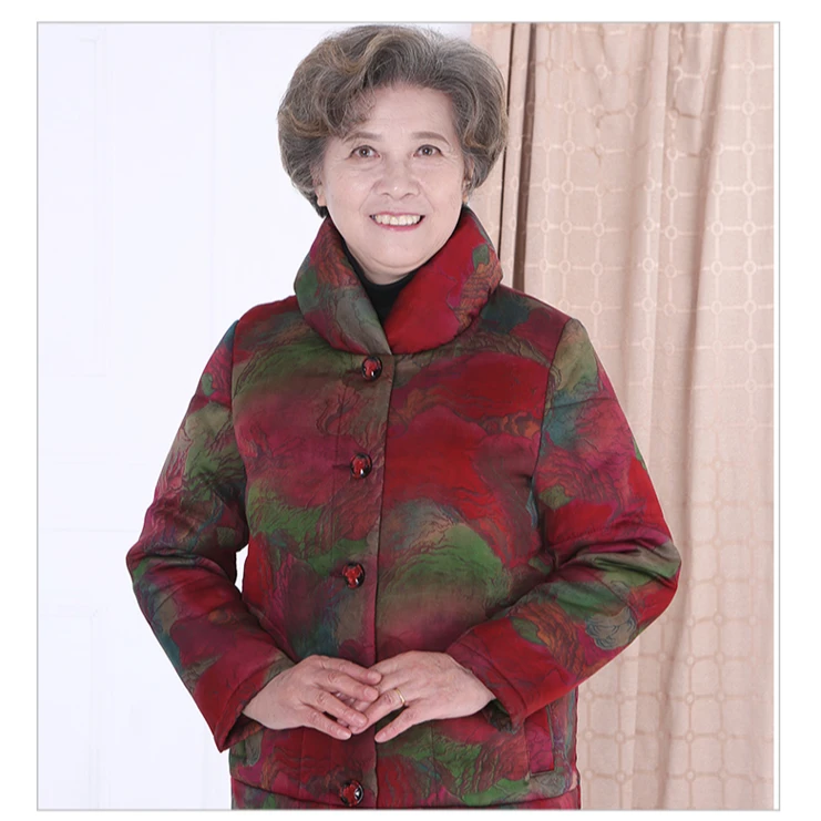 老年女装花色真丝香云纱棉衣妈妈奶奶装元宝领中长款棉袄高裆上衣