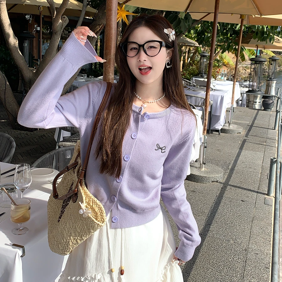 开衫毛衣女2025爆款洋气外穿紫色短款针织外套春秋新款气质上衣