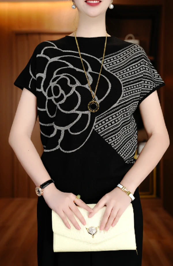 国颐 新款春夏针织衫短袖女高端显瘦显白百搭时尚上衣V25P454