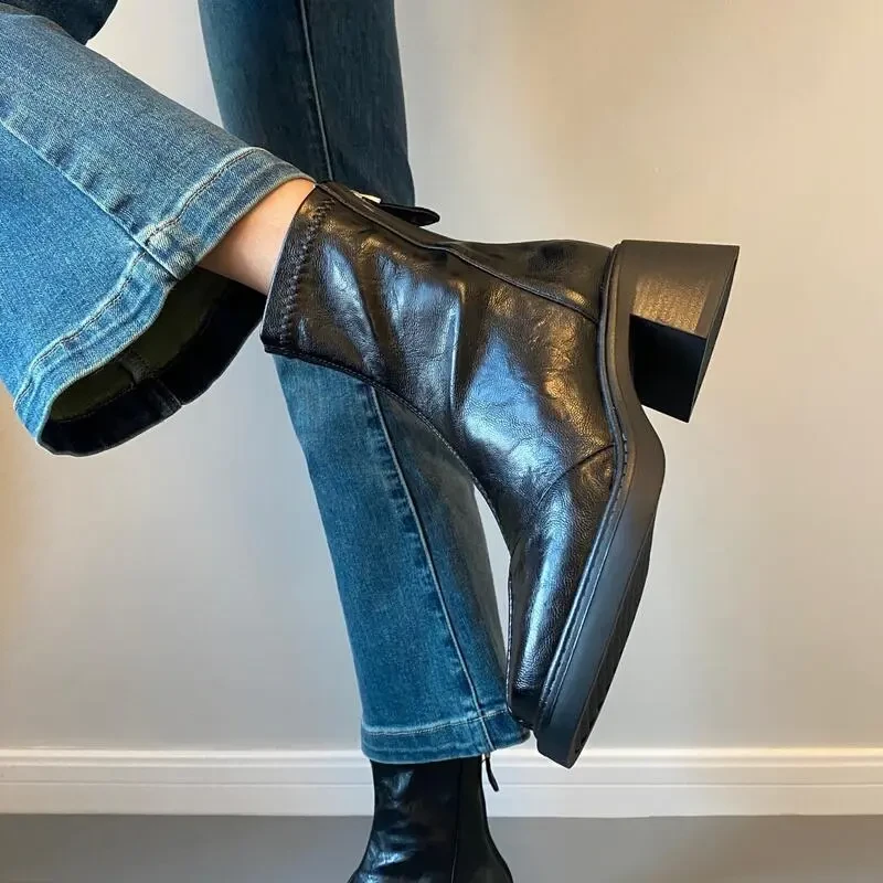 羊皮法式复古拼接棕色弹力瘦瘦靴高跟短靴小个子弹力靴秋冬马丁靴