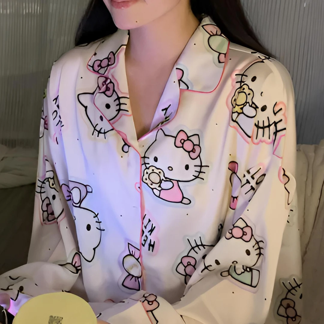吉吉家居服可爱hellokitty睡衣女春长袖日系简约学生套装可外穿