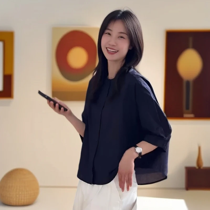 法式高级感藏蓝色薄款七分袖衬衫女2025夏新款时尚气质上衣女