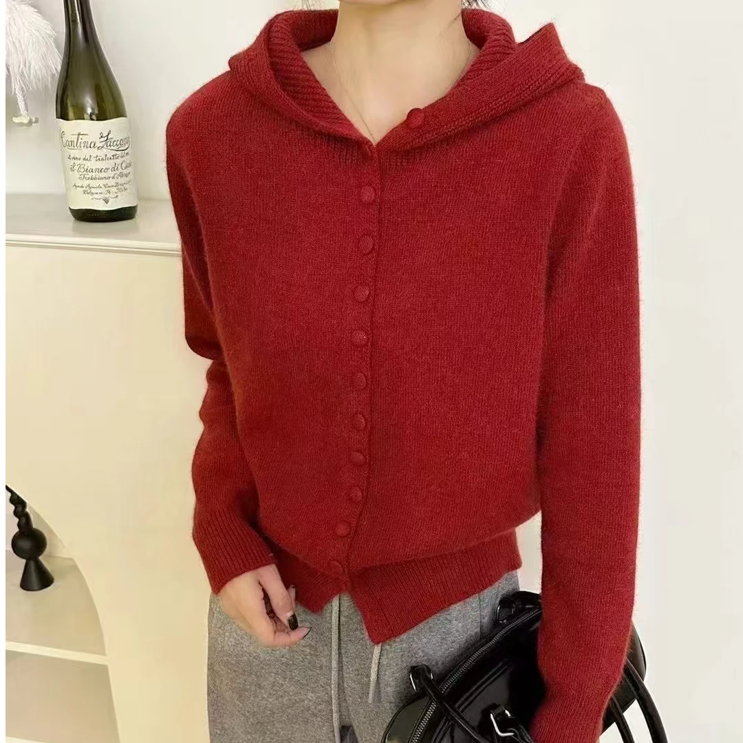 连帽针织开衫时尚洋气百搭宽松显瘦休闲纯色提花慵懒风设计感扣子