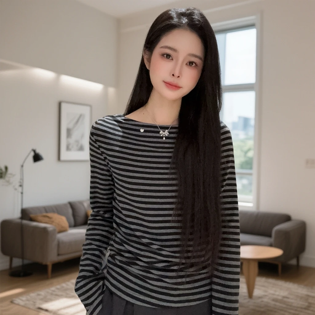 宿慕SUMU长袖条纹打底衫女装上衣2025秋季新款时尚显瘦T恤女1611