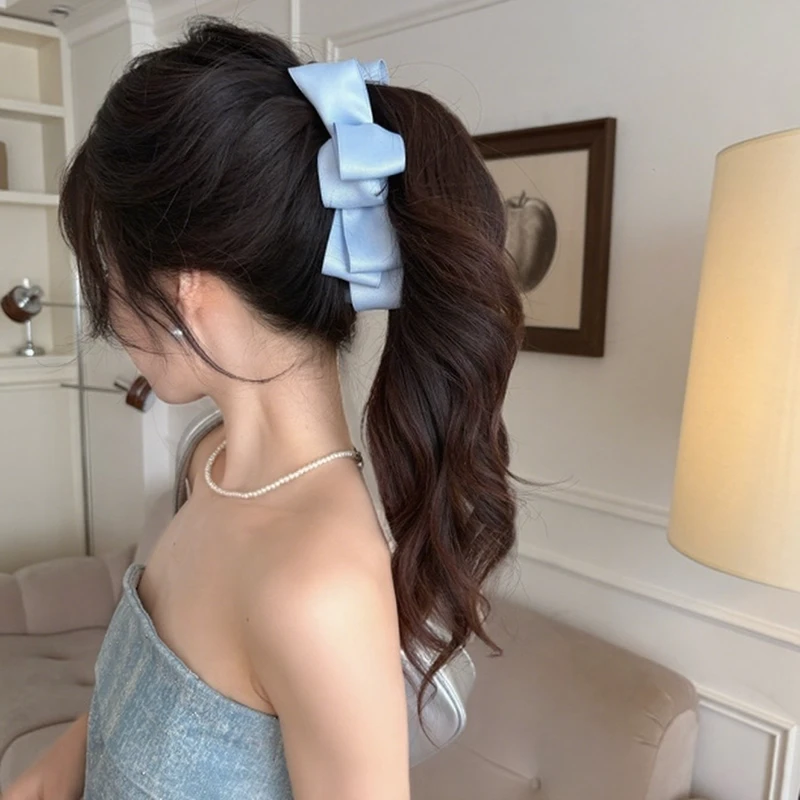 海盐蓝缎面jennie蝴蝶结香蕉夹女甜美后脑勺高马尾扭扭夹一字夹子