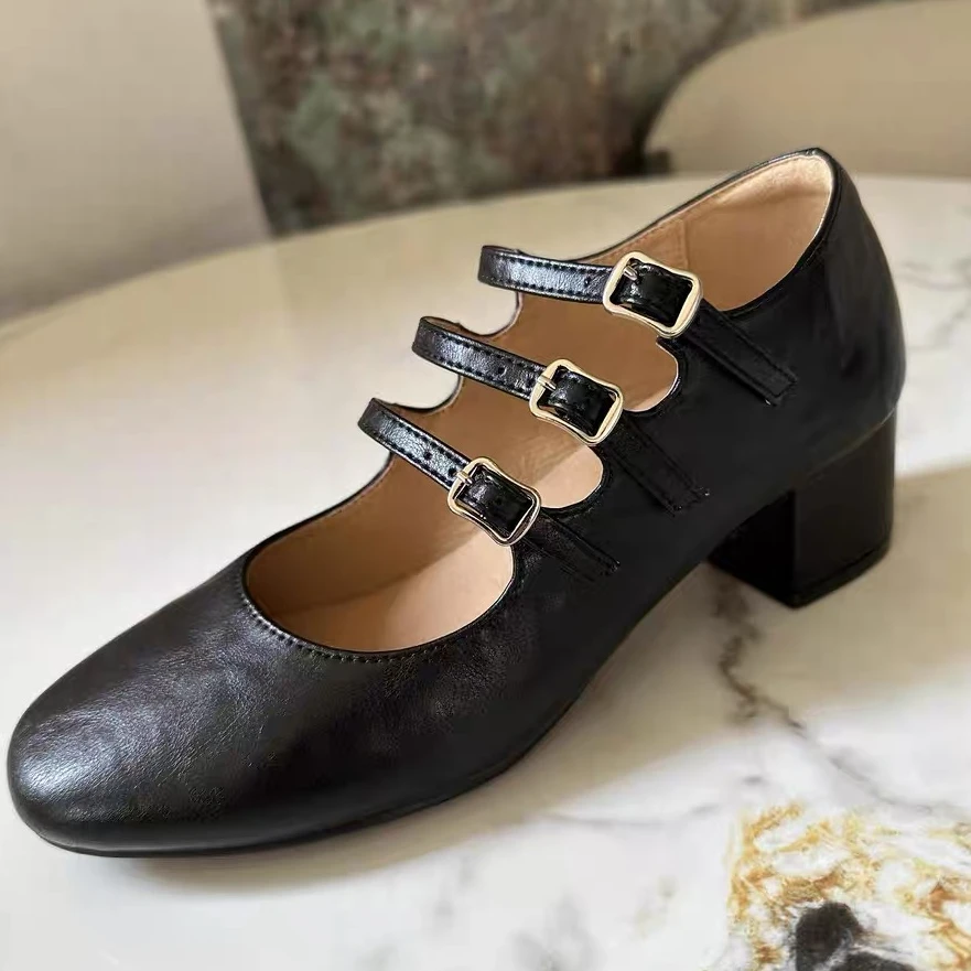 carel Mary玛丽珍鞋女法式复古粗跟真皮高跟鞋方头浅口单鞋潮黑色