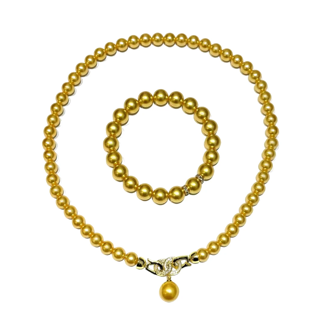 s1051-x433-轻奢气质设计款香槟金圆珠贝珠套装-赠礼盒