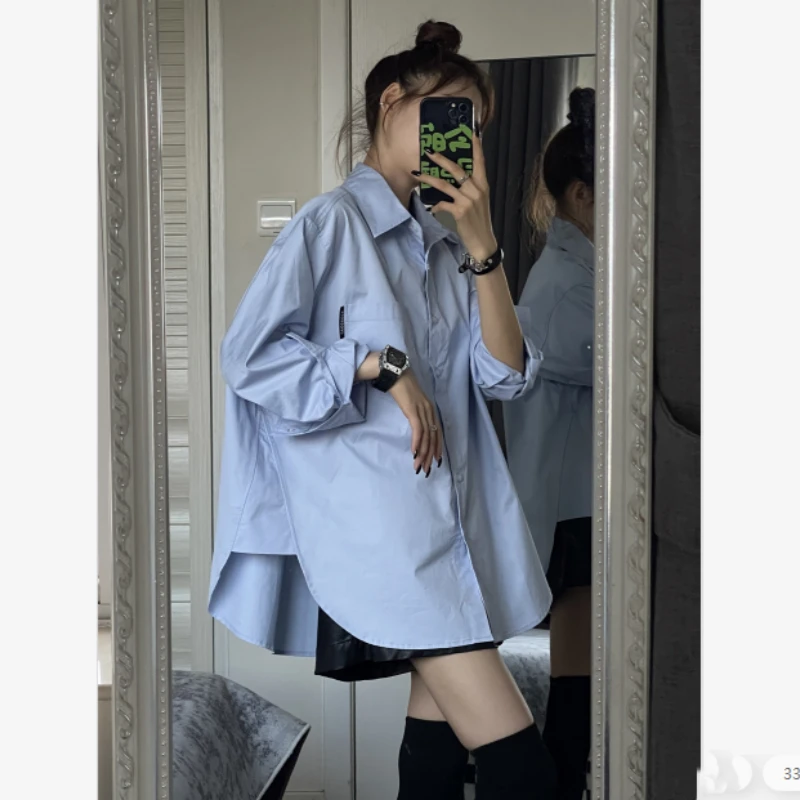 春季新款设计感慵懒风小众宽松蓝色衬衫+PU皮短裤女时尚春秋套装