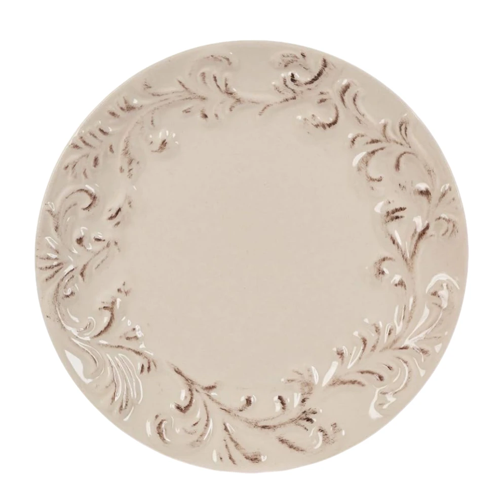 【GGC家】27*2.5CM 大号奶油色平盘 擦釉浮雕工艺 欧式菜盘 复古