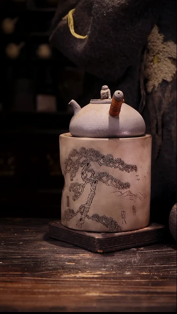 纯手工柴烧狮子侧把加大海棠雕刻炉