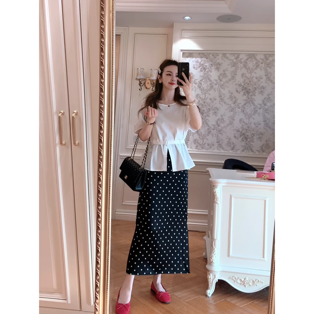 【ZHUJIE】高腰显瘦开叉波点直筒半身裙