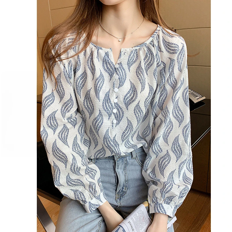 复古印花衬衫女春秋装设计感小众雪纺上衣韩版洋气少女感v领衬衣