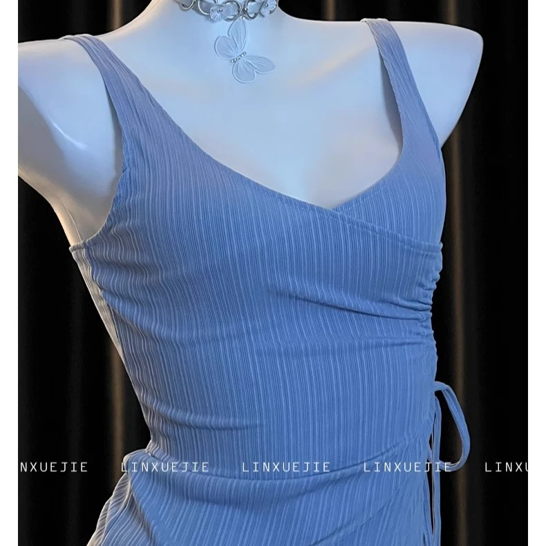 纯欲开叉系带风情万种睡衣性感露腰显瘦居家约会吊带睡裙