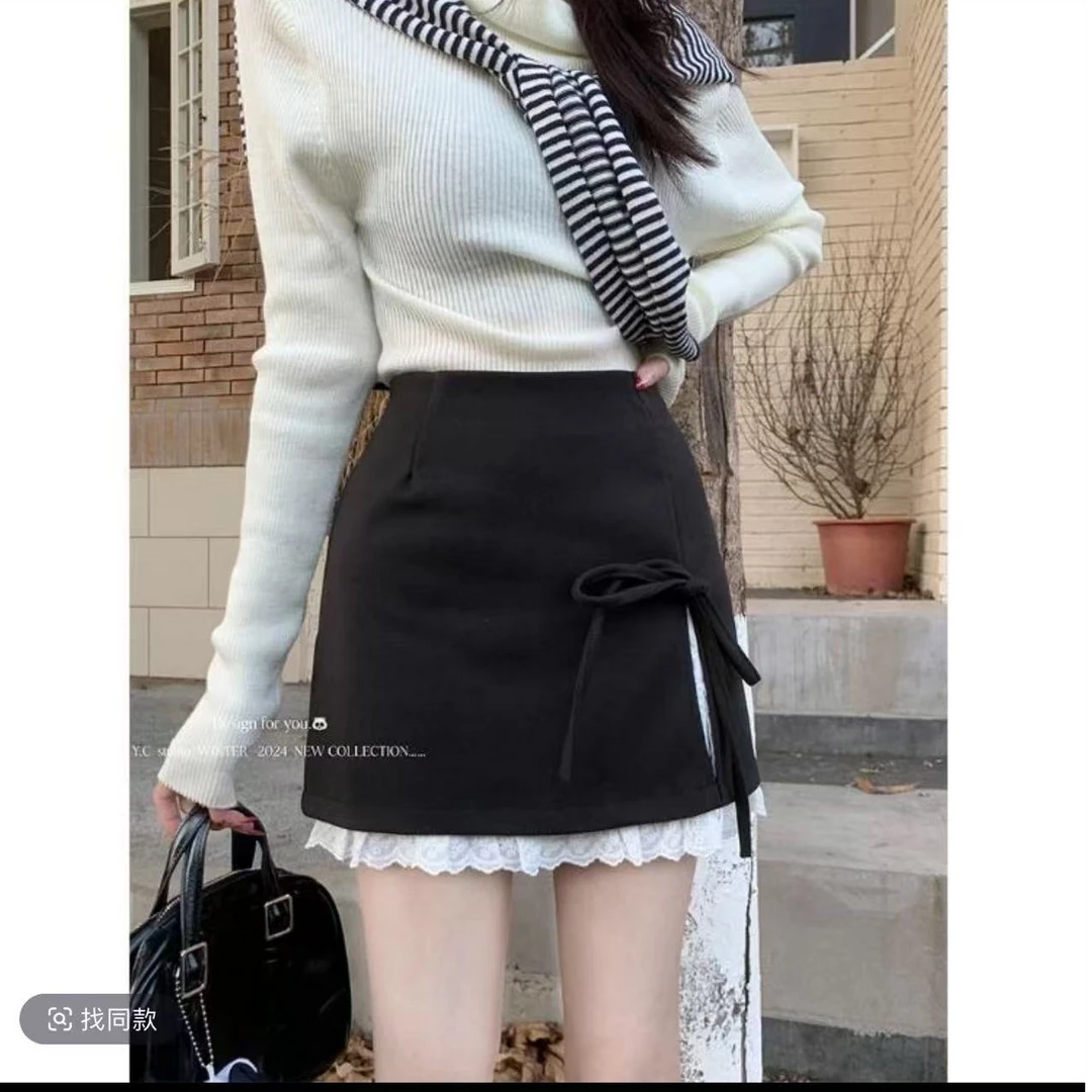 蕾丝边高腰时尚百搭短裙黑色显瘦打底网红短裙