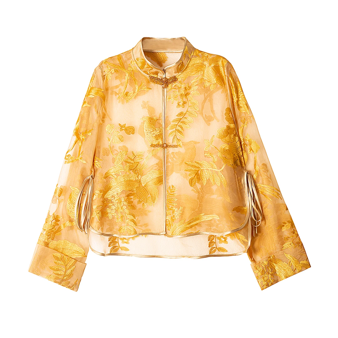 【金缕织叶】外搭重工上衣宽松轻盈国风真丝外套刺绣黄色重磅复古