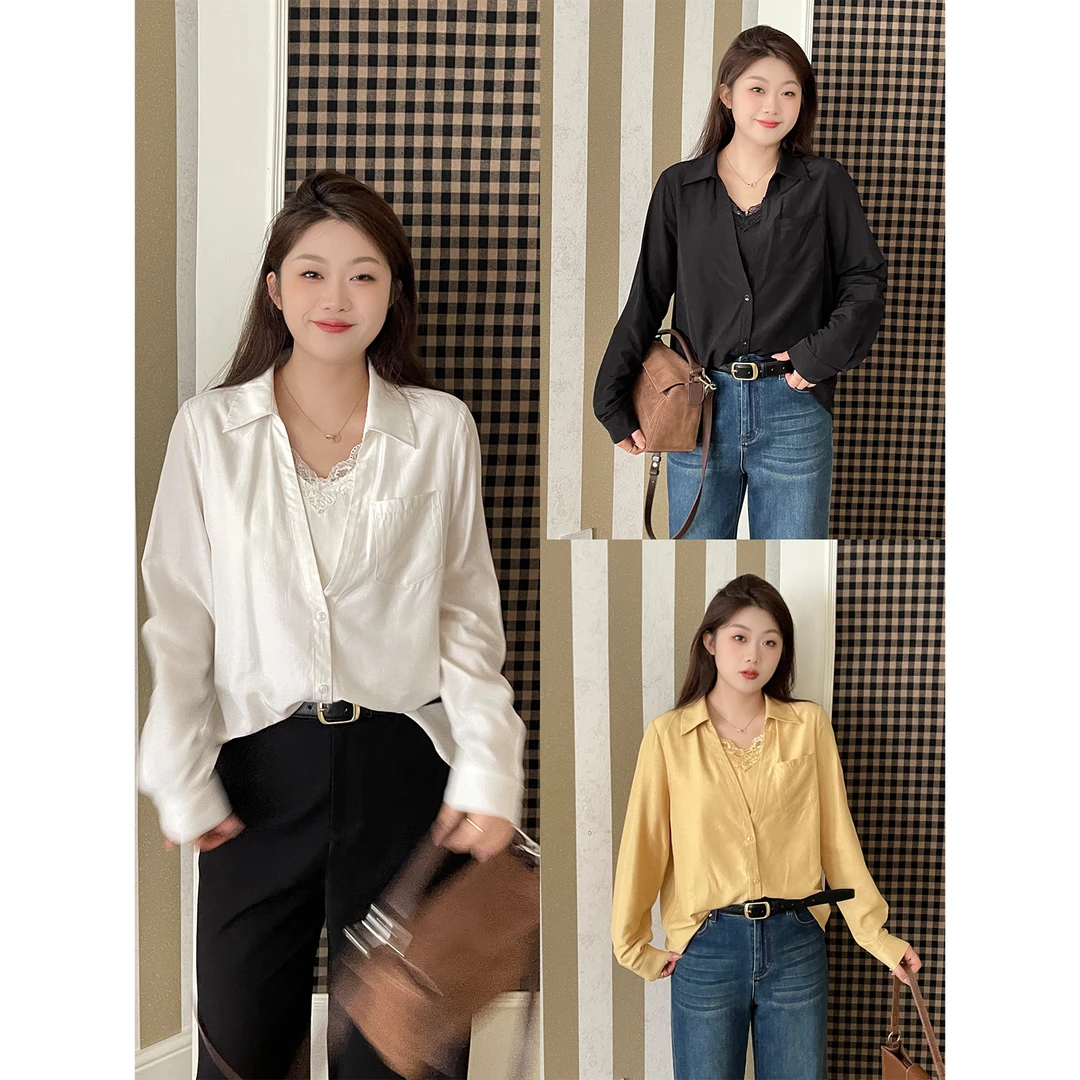 裂渡宣宣【温柔可视】微胖大码女秋时尚百搭显瘦假两件衬衫ZY507A07