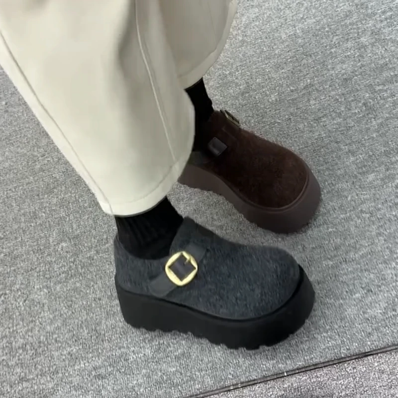 7CM厚底加绒灰色勃肯鞋女2025新款冬季保暖雪地靴一脚蹬毛毛棉鞋