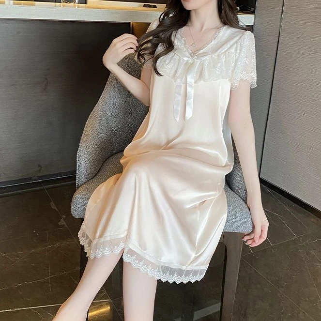 密汀巴灵睡衣夏天女士胸垫夏季短袖睡裙公主薄款蕾丝家居服设计感