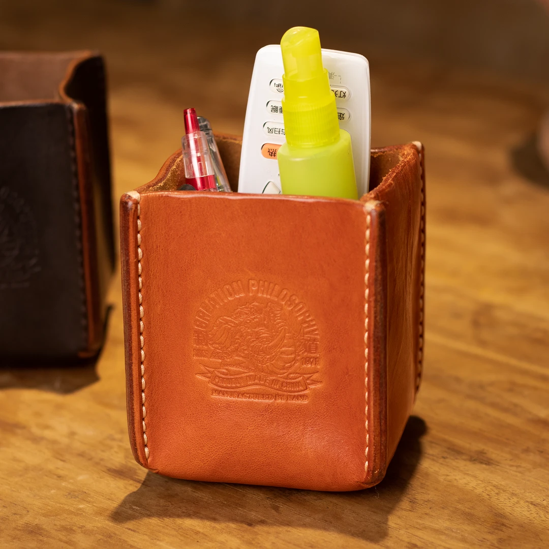 加厚洗水头层油蜡牛皮笔筒收纳盒桌面复古摆件文具盒