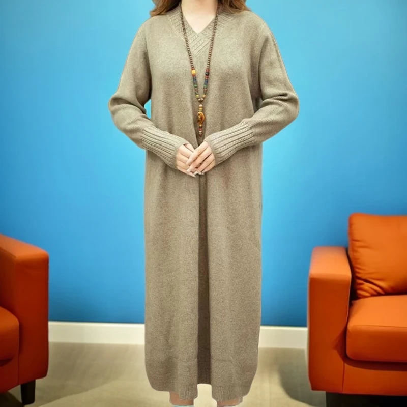 【双十二大促】秋冬季新款剪刀领针织妈妈长裙毛衣裙中年宽松显瘦加