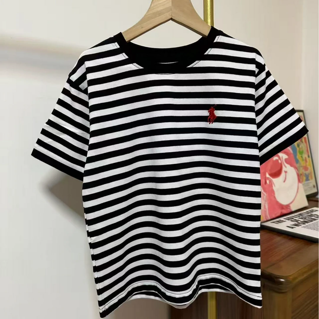 夏季儿童圆领条纹短袖洋气套头韩版休闲百搭卡通短袖