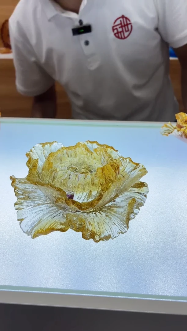 琉璃手工艺品牡丹花茶摆件13公分金色