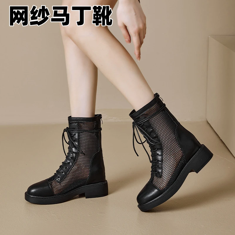 马丁靴女2025夏季新款内增高靴子真皮网面后拉链33 34小码网靴女