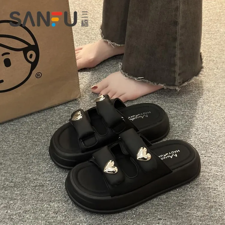 三福拖鞋女夏外穿小众高级感2025新款黑色超火增高厚底凉拖沙滩鞋