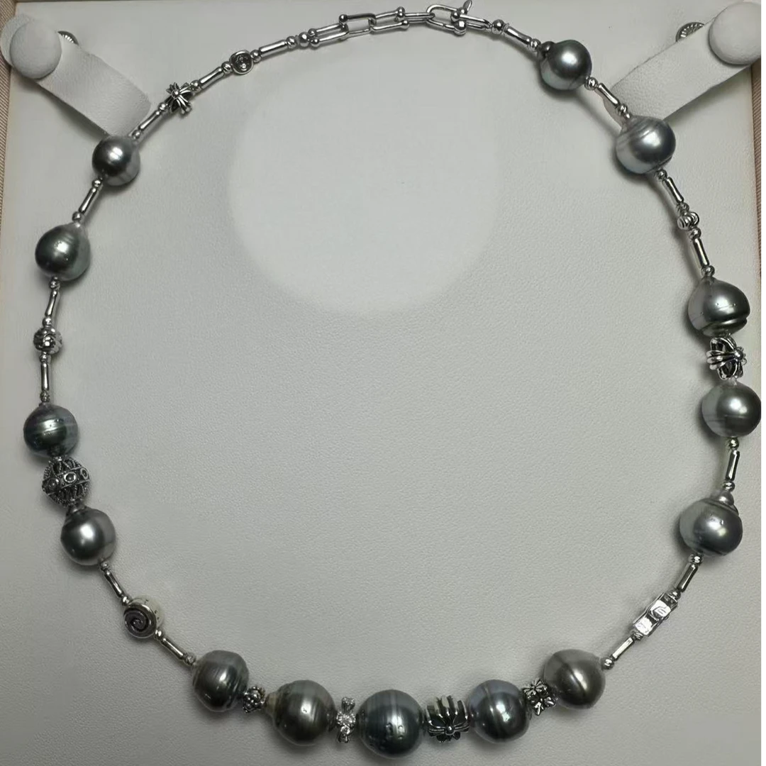 禧家天然海水珍珠大溪地铂金灰9.8-12.3mm+S925银扣头项链气质