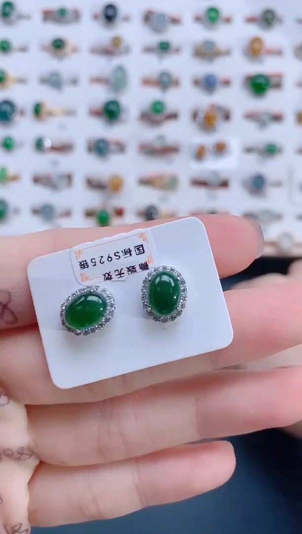 翡翠银S925镶嵌耳饰天然翡翠