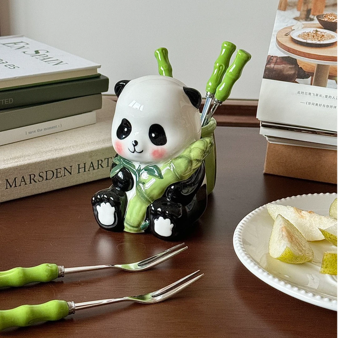 抱竹熊猫水果叉套装儿童可爱不锈钢甜品蛋糕叉子竹子水果签收纳罐