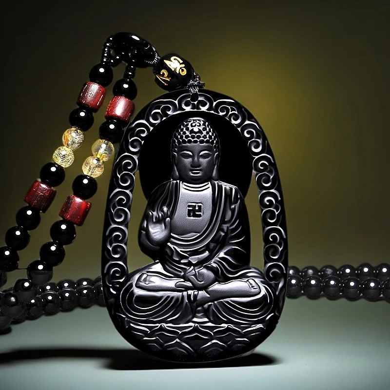 新款黑曜石12十二生肖属狗属猪阿弥吊坠女男本命年项链