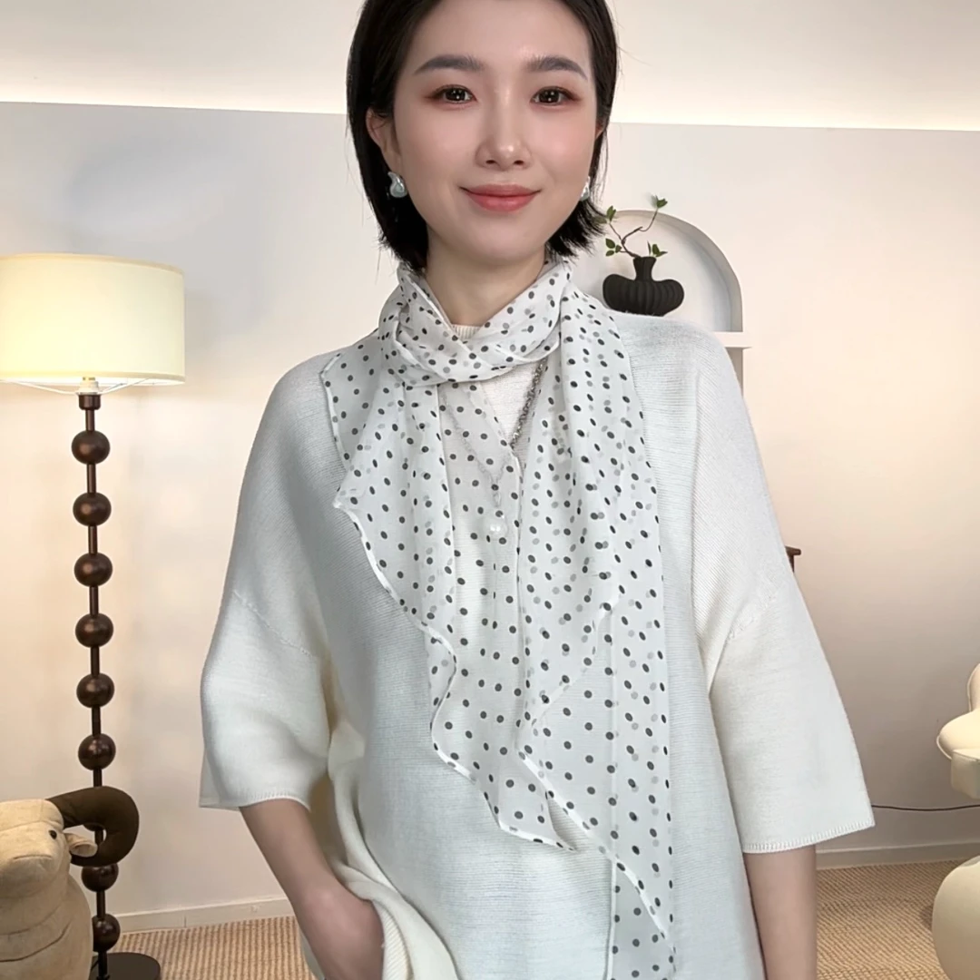 法式波点100%桑蚕丝丝巾高级感120cm*30cm外搭洋气高档春夏新款