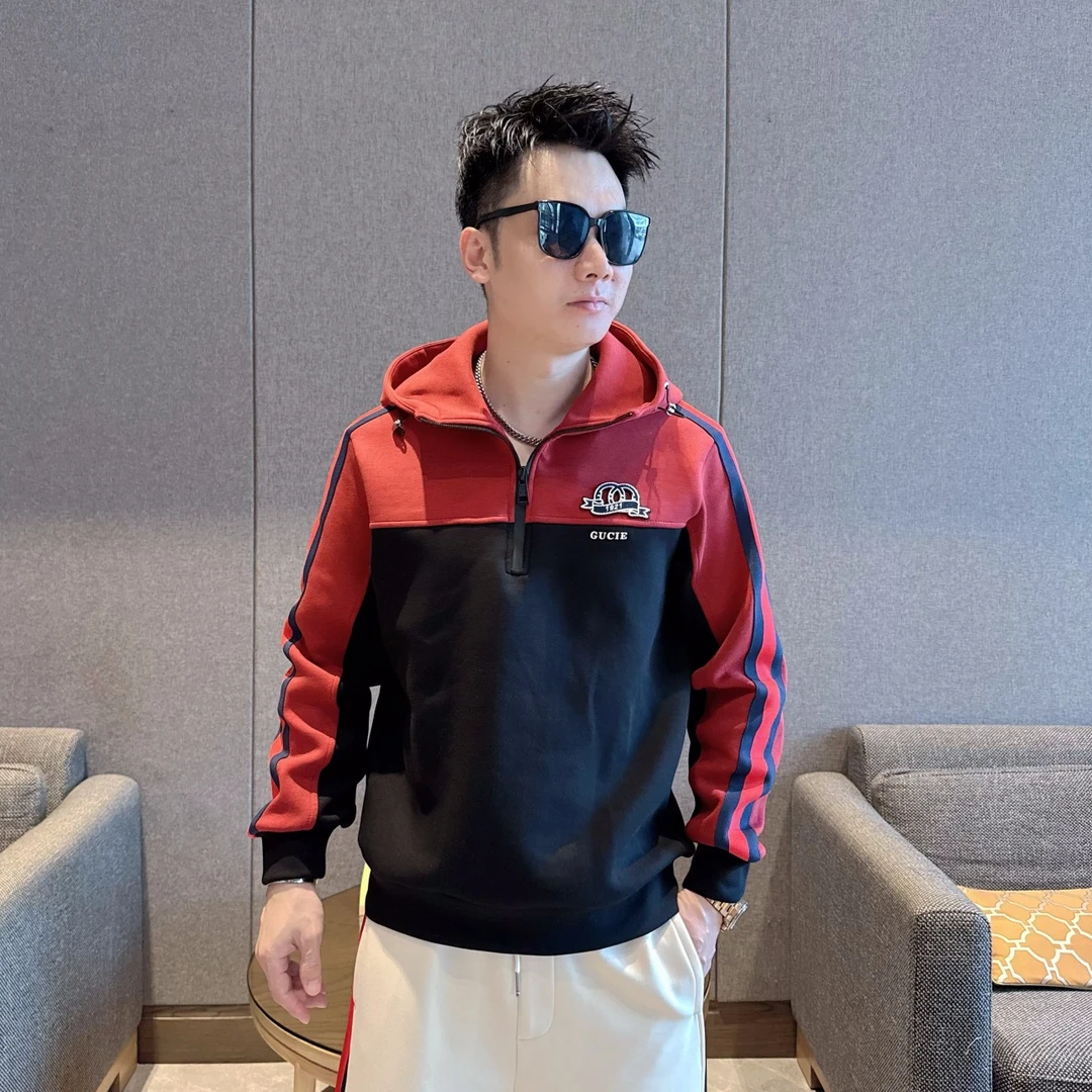 2025男士连帽半拉链卫衣潮流撞色时尚条纹休闲秋冬运动宽松潮流