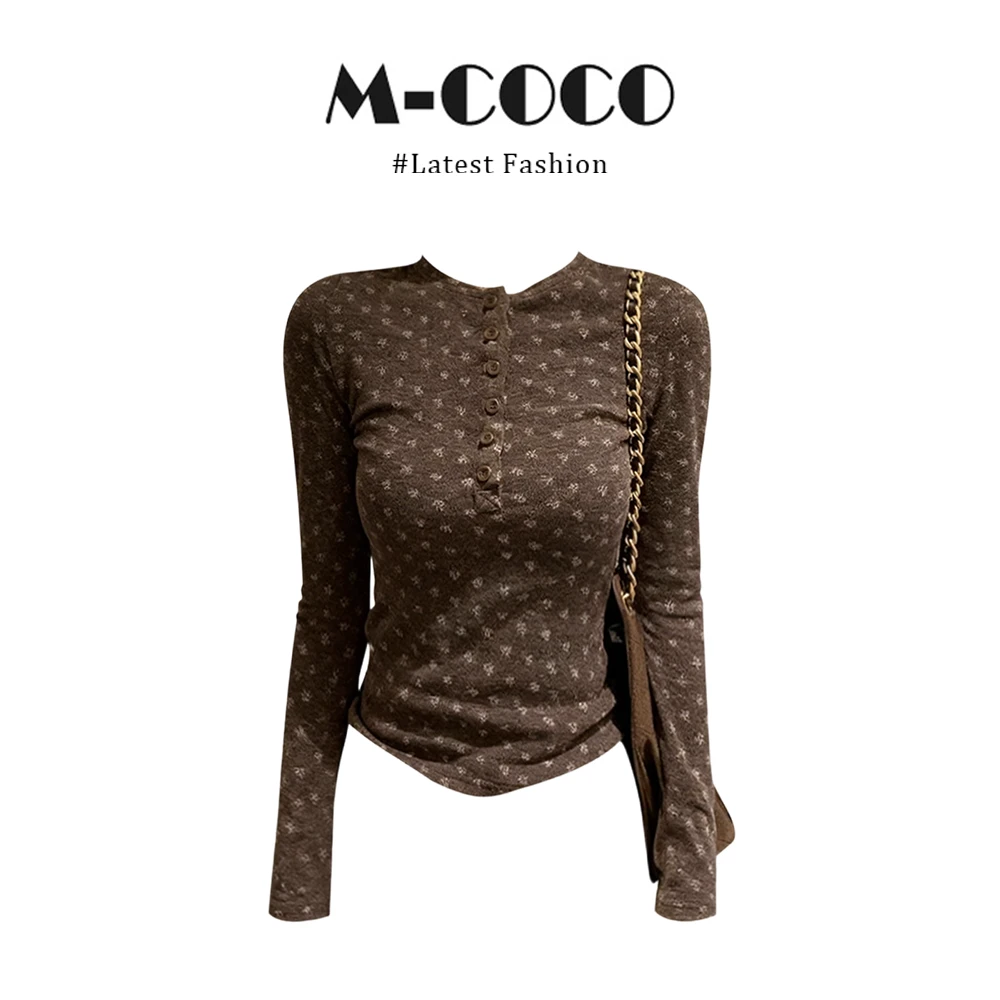 INSCEC【乌木甜茶】美拉德亨利领碎花百搭长袖T恤女秋冬打底衫上衣