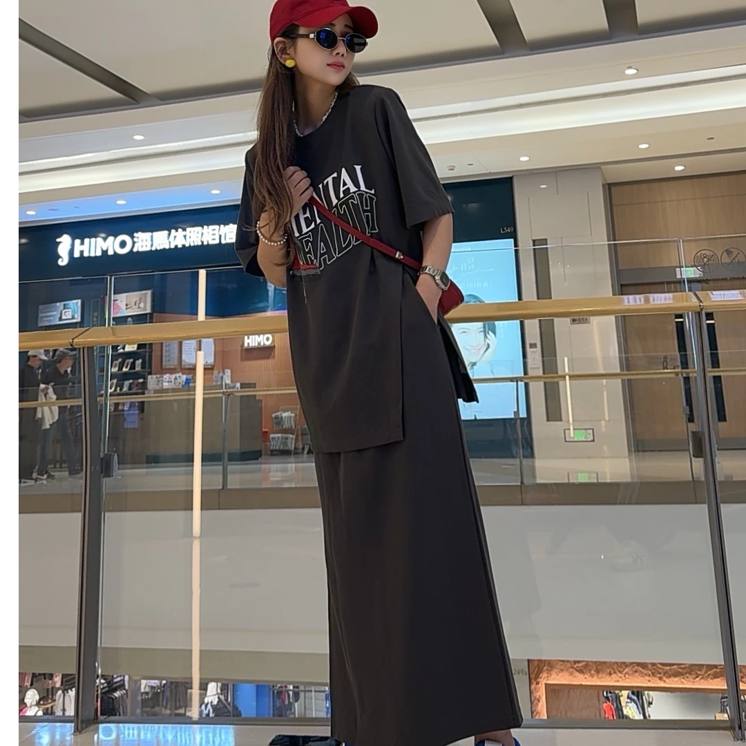 2025新款夏季时尚减龄字母印花鞋休闲短袖T恤+半身裙两件套套装