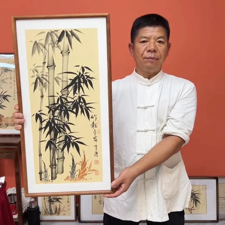 张富民作品/竹报平安（乌檀木实木框）（竖版）/36*69厘米左右