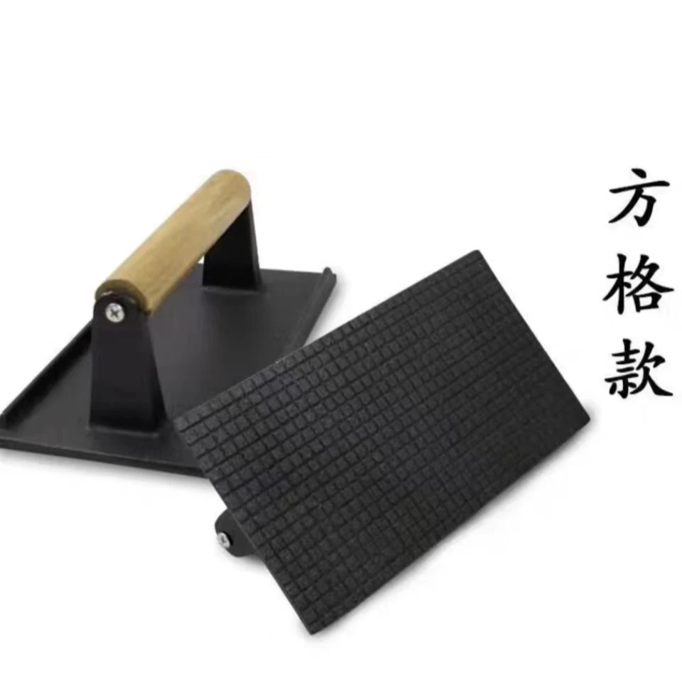 铸铁压肉板长方形方格纹铸铁板无涂层烧烤板牛排压板榉木柄