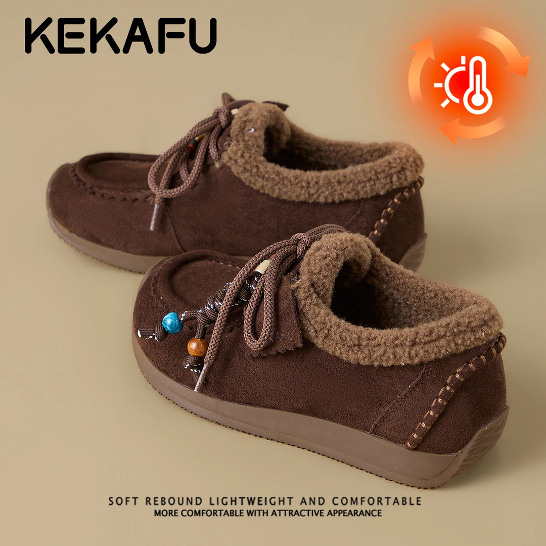 珂卡芙咖色保暖休闲毛毛雪地靴2025冬季新款时髦文艺一脚蹬勃肯鞋