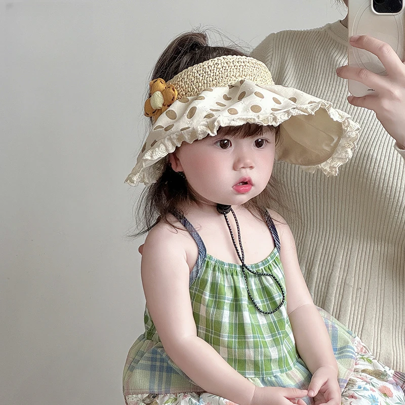 儿童帽子夏季薄款大帽檐遮阳防紫外线空顶帽韩版花朵女宝宝太阳帽