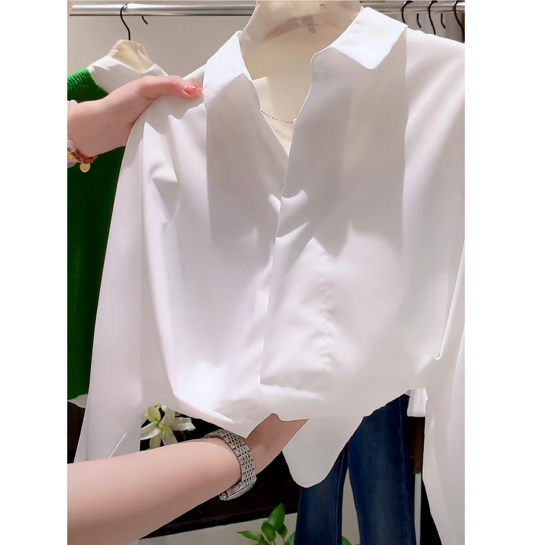 设计感时尚气质白色长袖衬衫女2025春款不透不易皱可机洗白衬衣
