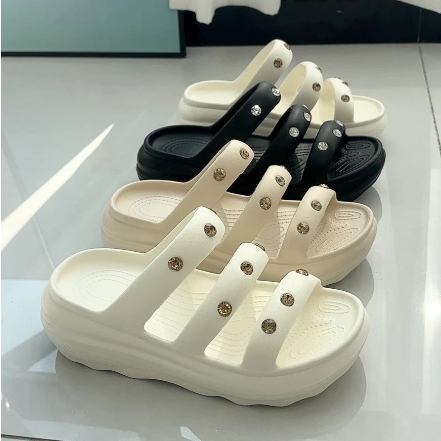 夏季新款时尚水钻休闲凉拖鞋增高软底沙滩拖鞋厚底外穿防滑百搭