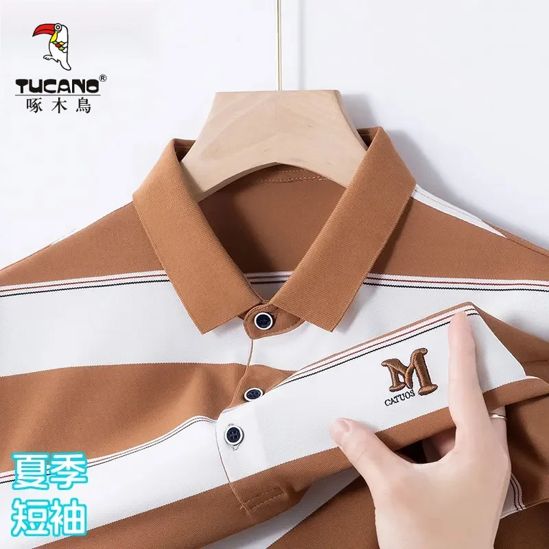 啄木鸟男士条纹短袖T恤夏季新款休闲刺绣Polo衫宽松半袖体恤衫