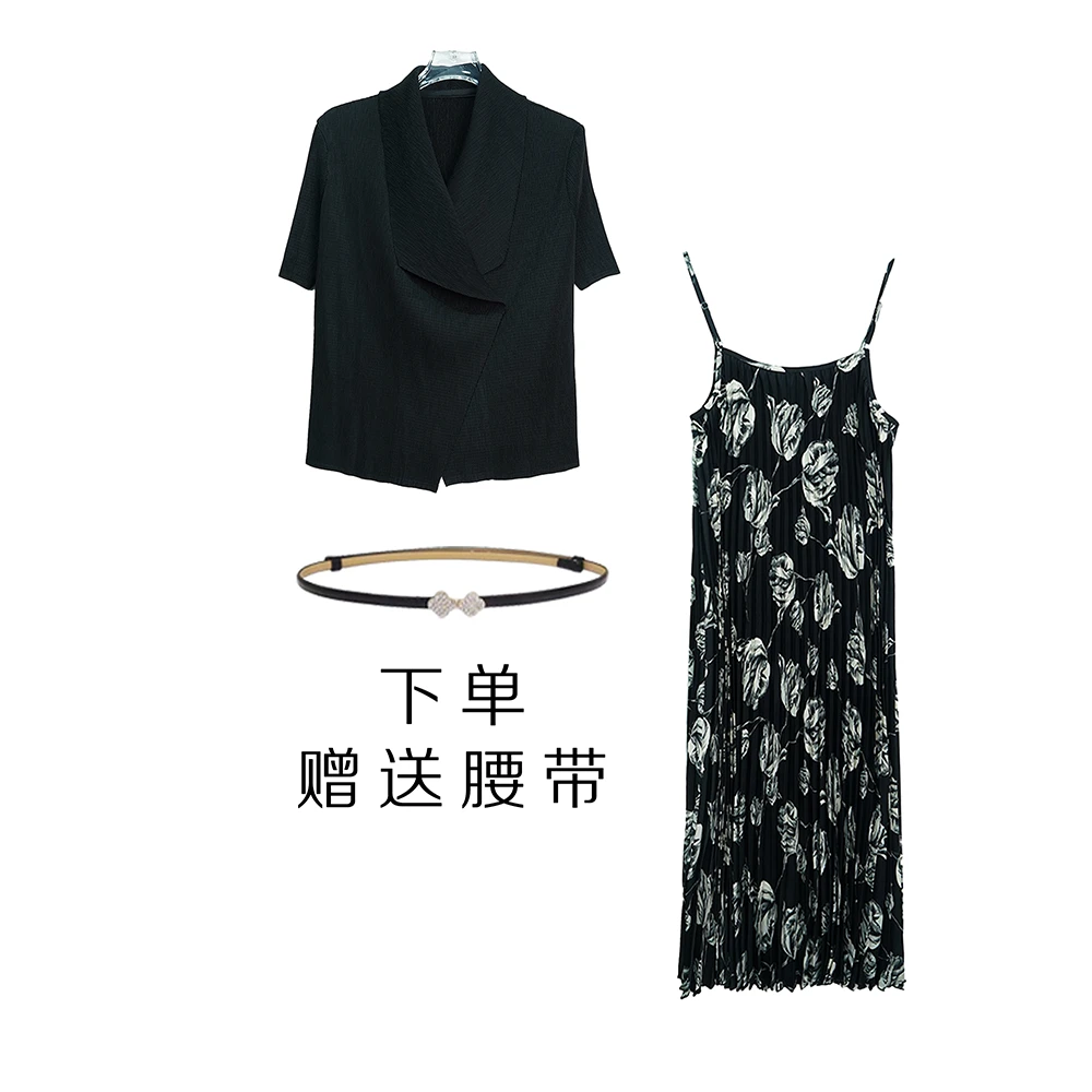 夏季印花复古吊带气质显瘦连衣裙套装【赠腰带】X8113