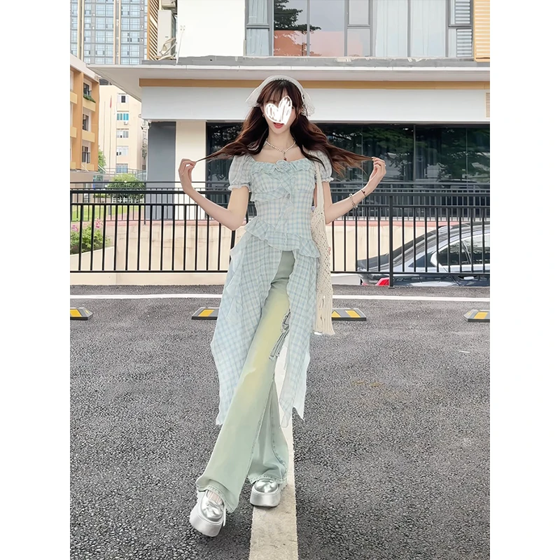 蓝色开叉格纹设计连衣裙女装2025夏日高腰百搭显瘦时尚穿搭牛仔裤