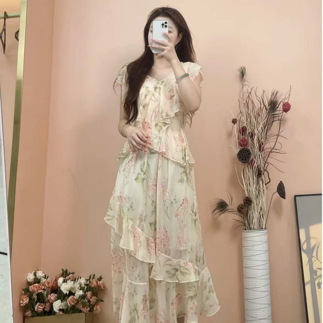 [依易原创]海边度假风荷叶边碎花收腰连衣裙E1010