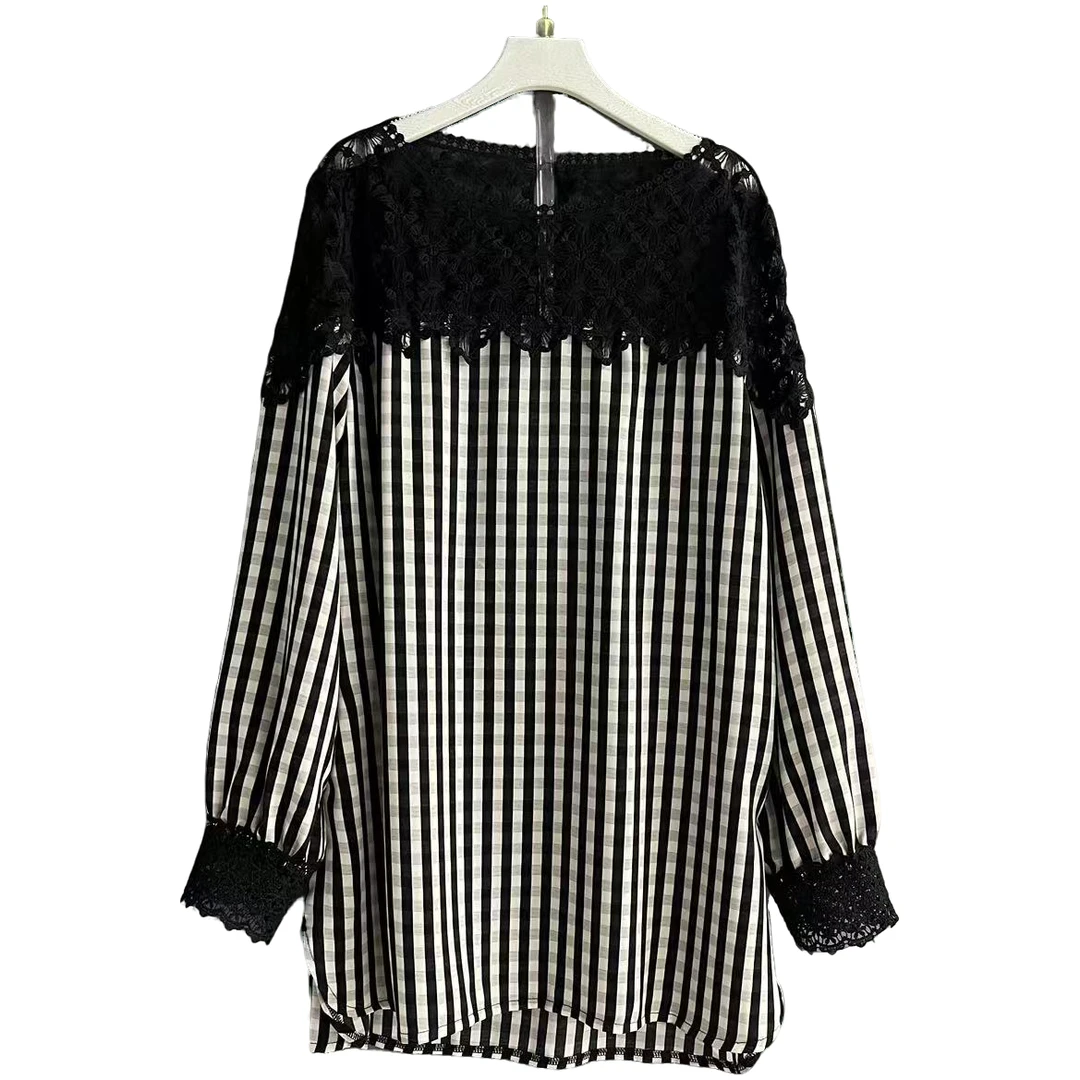 宽松型套头长袖条纹拼接时尚夏季蕾丝衬衫圆领小衫上衣百搭黑色